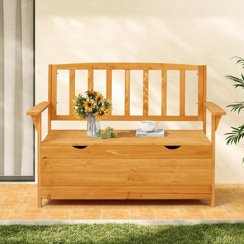 Outdoor Wooden Storage Bench, Patio Storage Box With Portable Handle & Seating, Deck Storage Bench With Armrest And Backrest For Backyard & Balcony, Yellow
