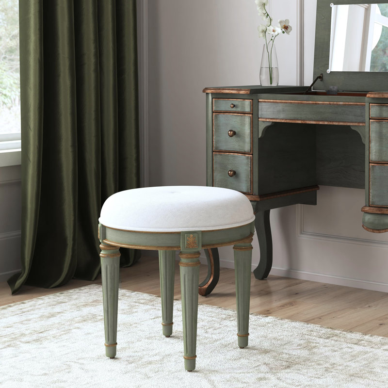 Bernadette Upholstered 18"W Vanity Stool, Green, White