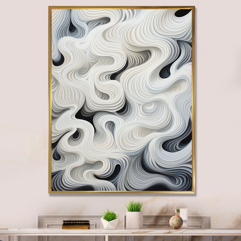Monochromes Op Art vagues noires et blanches I, Cadre flottant doré, H 40 po x l 30 po x P 1,5 po