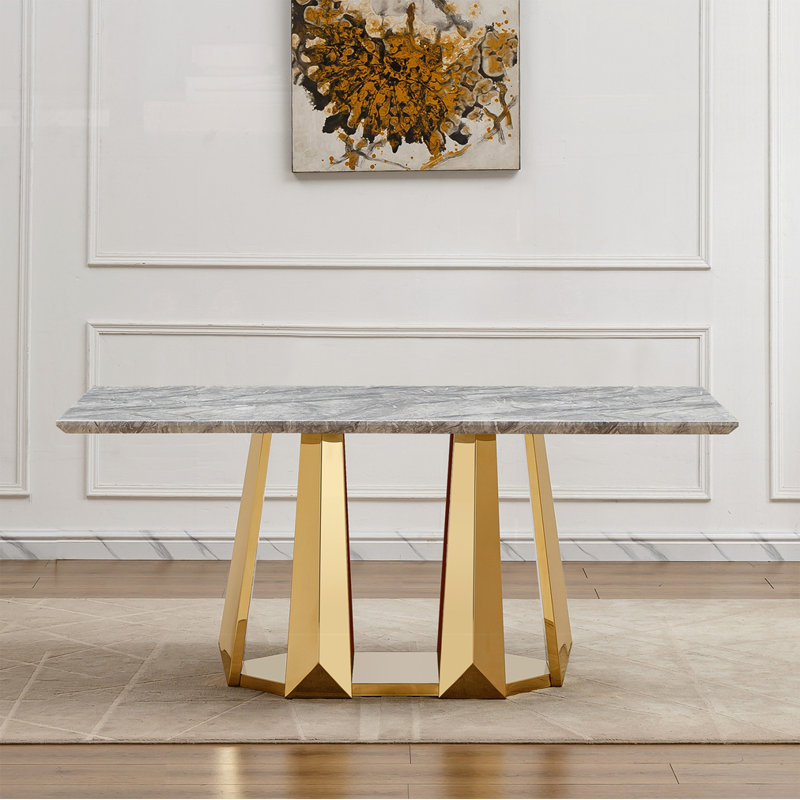70" Rectangle Faux Marble Dining Table, Gold, Gray