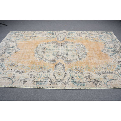 Grand tapis turc rétro jaune idéal pour la salle à manger ou la chambre à coucher bohémienne