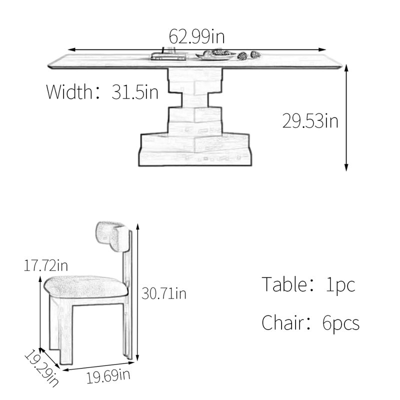 Creative block-stacking style dining table set, 29.53"H x 62.99"L x 31.5"W