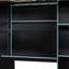 Lit mezzanine en bois avec bureau, garde-robe ouverte, compartiments de rangement et lumières RVB-1913673995