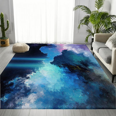 Tapis abstrait abstrait de style impressionniste Aurora Sky, motif de nuances de dégradé bleu noir, tapis de sol antidérapant doux et durable lavable à la machine, décoration intérieure moderne et élégante pour le salon, la chambre à coucher, l'entrée, le balcon, appartement