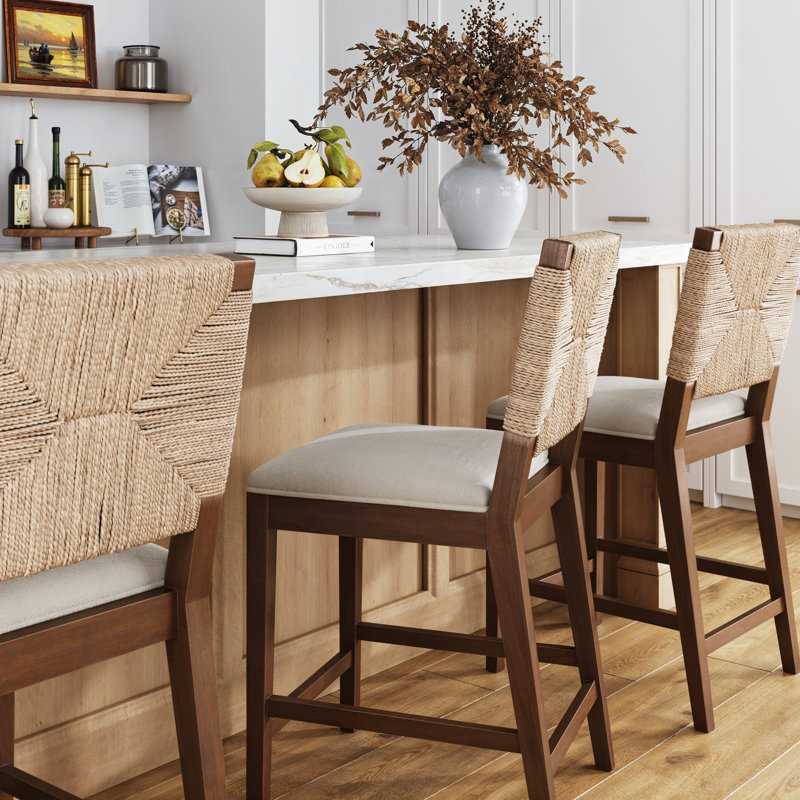 Constanze Upholstered Counter Stool with Solid Wood Frame, Cream Boucle/Dark Brown, Counter Stool (24" Seat Height), 1
