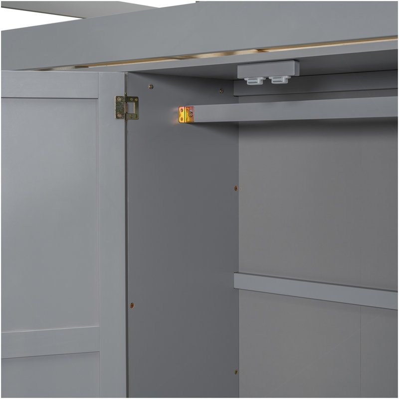 Lit mezzanine double avec garde-robe intégrée, bureau, tablettes et tiroirs de rangement, gris