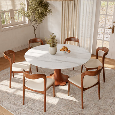 Floral-Shape Round Difranco With 2/4/6 Premium Solid Wood Leather Dining Chairs