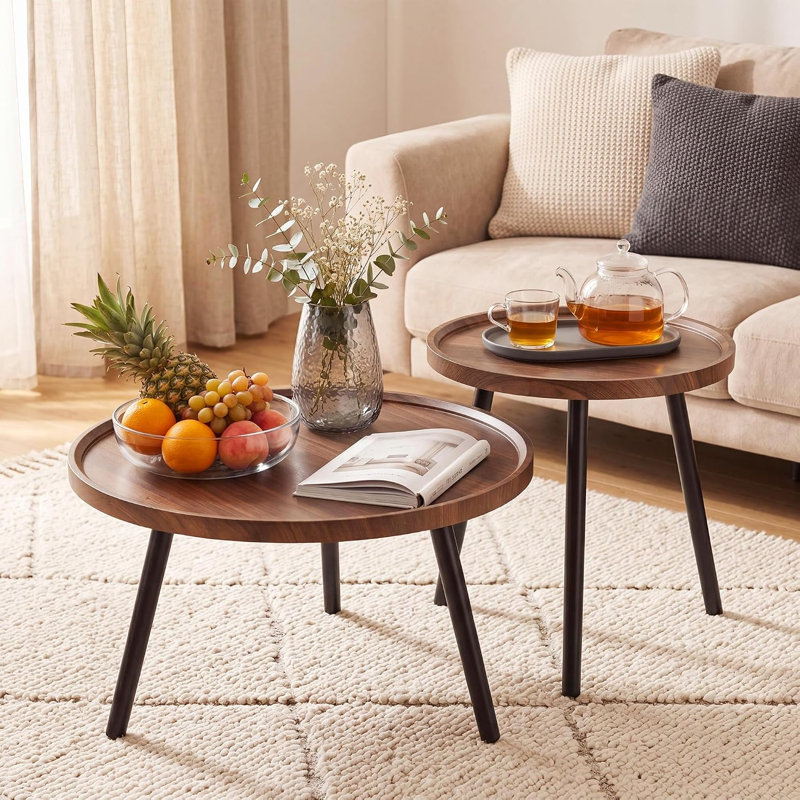 Ensemble de 2 tables basses gigognes modernes pour le salon - Tables d'appoint rondes en bois et métal, Natural wood colour