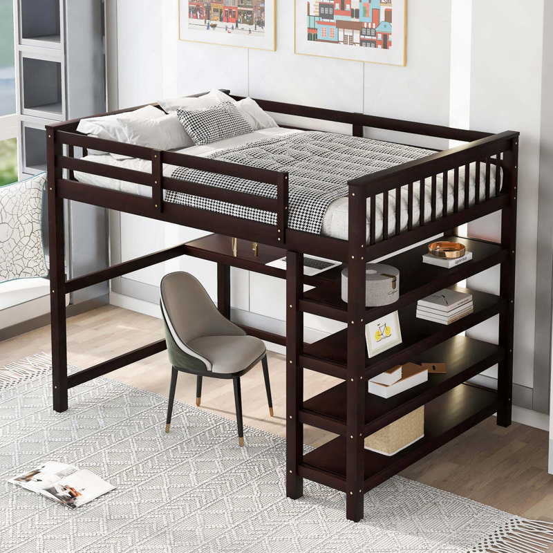 Lit mezzanine double avec tablettes de rangement et bureau sous le lit pour une solution de chambre à coucher peu encombrante