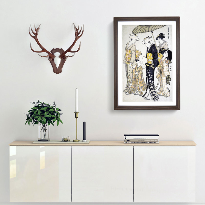 Girl with Attendants by Torii Kiyonaga - Picture Frame Painting Print, Walnut Framed, 36cm H x 27cm W x 2cm D