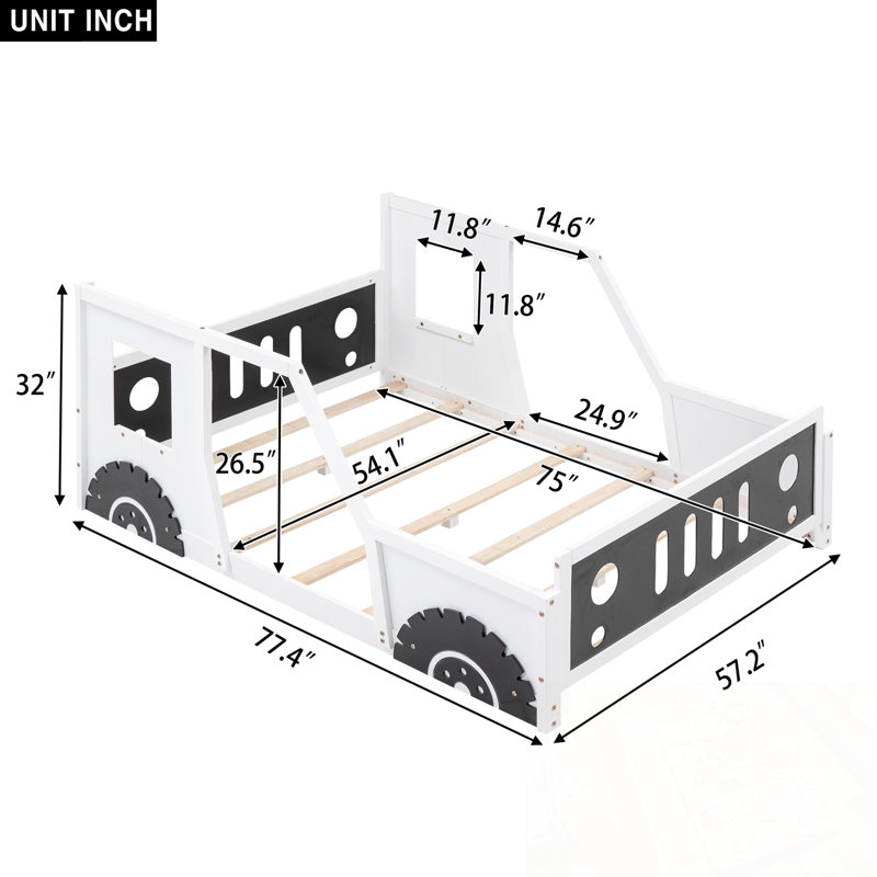 Lit plateforme double classique en forme de voiture avec roues, Blanc