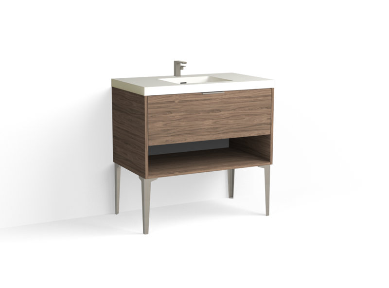 Modo 36" W Freestanding Single Bathroom Vanity with Dean Leg, Glossy White/Single, Biondo, Satin Nickel