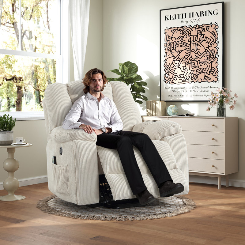 41'' Oversized Power Lift Chair - Heated Massage Electric Recliner with Super Soft Padding Set of 2, White Corduroy