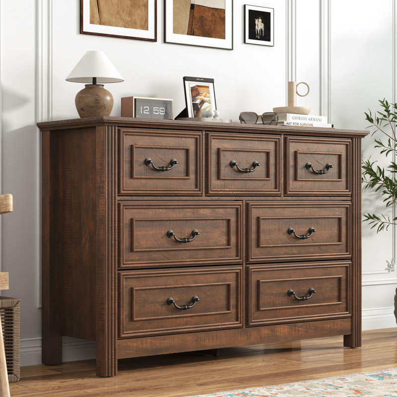 Farmhouse 7-Drawer Dresser With Vintage Details, Rustic Wood Storage Chest For Bedroom, Living Room Or Hallway, Brown
