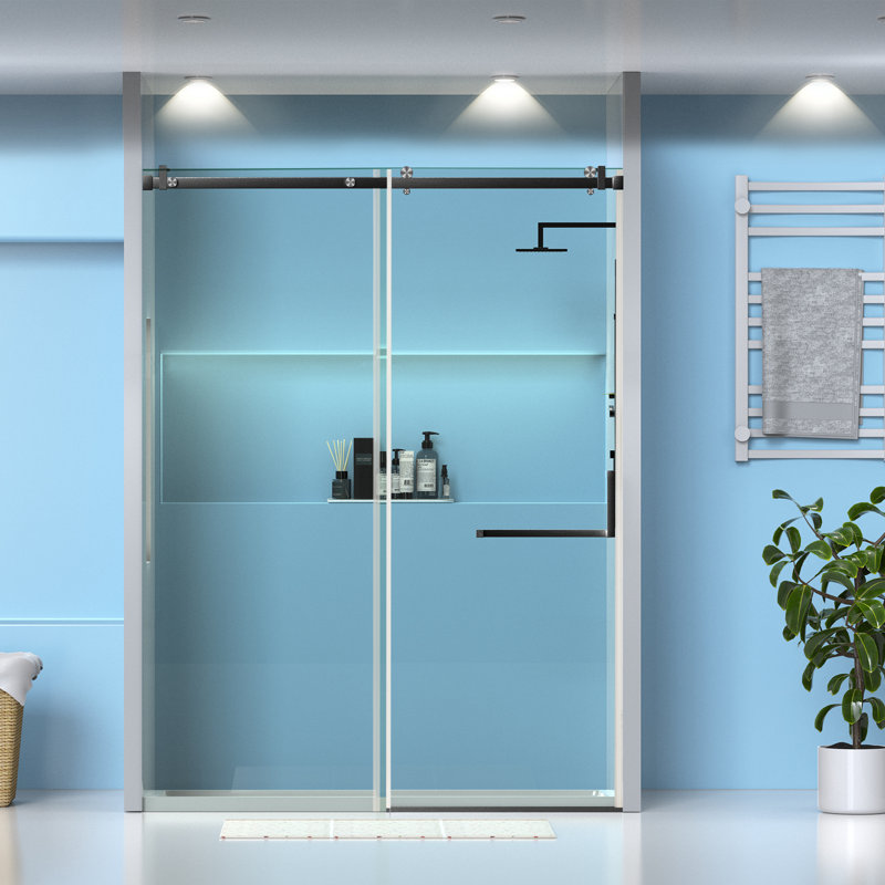 56-60" W x 75" H Sliding Shower Door, Frameless Glass Shower Door with 5/16" (8mm) Clear Tempered Glass, Explosion-Proof Film, Pull Handle, Stainless Steel Hardware, Brush Sliver Finished