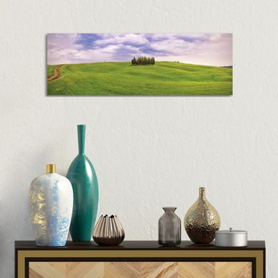 Italy, San Quirico d'Orcia. Cypress grove in panoramic. 1 Piece Wrapped Canvas Panoramic Wall Art