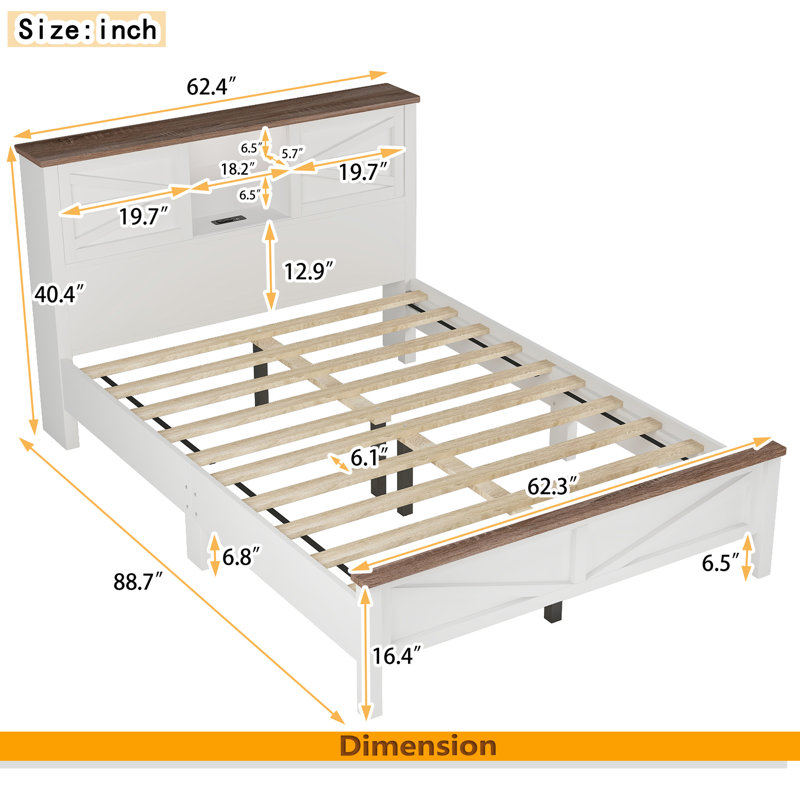 Lit plateforme Farmhouse avec porte de grange coulissante double, Grand, Blanc