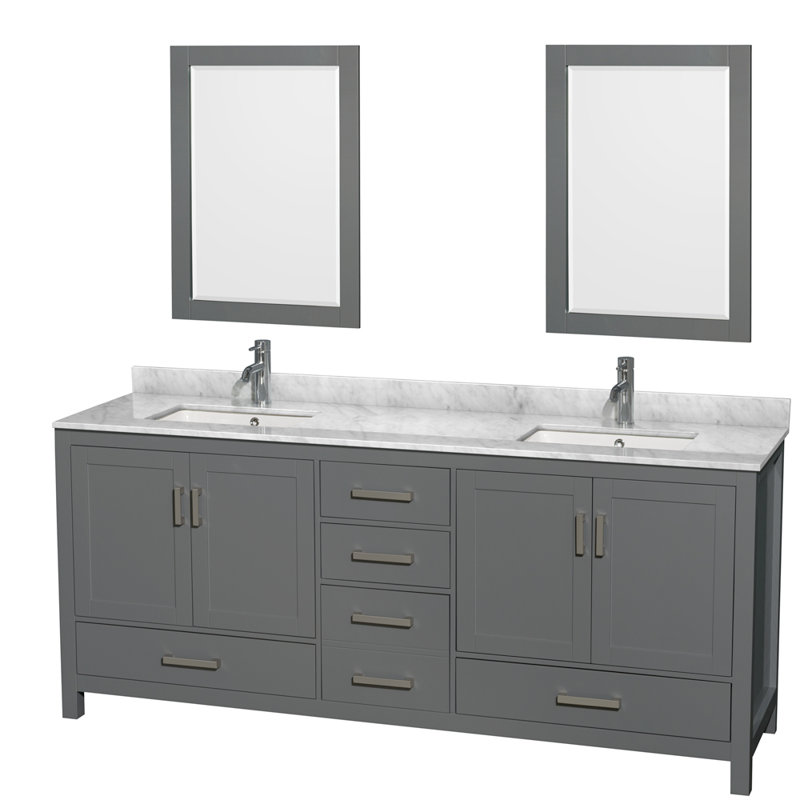 Ensemble de meuble-lavabo double autoportant 80 po avec plateau en marbre Sheffield, Gris foncé, Chrome brossé