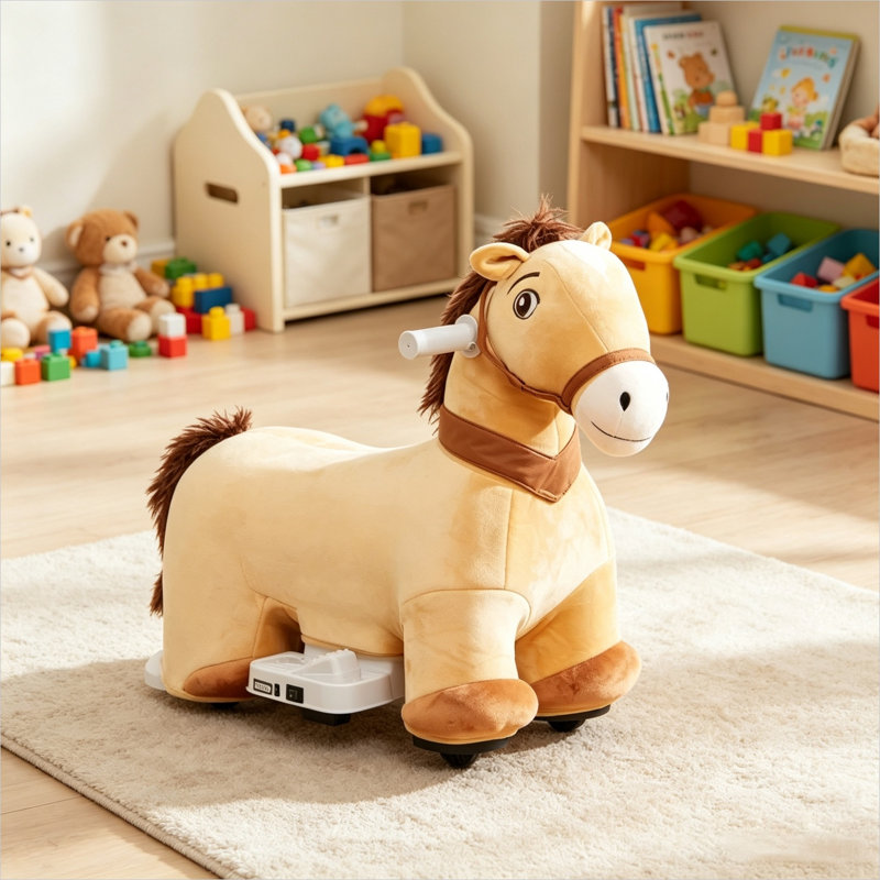 Les jouets pour bébé 6V alimentés par batterie roulent, combinant un corps en peluche brun riche, des tout-petits et de la musique