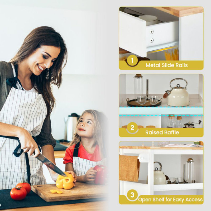 White Kitchen Cart with Rubber Wood Countertop and Storage Shelves