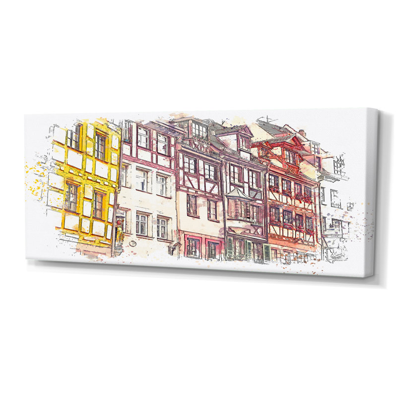 Traditional German Architecture Cityview - peinture sur toile, H 28 po x l 60 po x P 1,5 po, Toile tendue