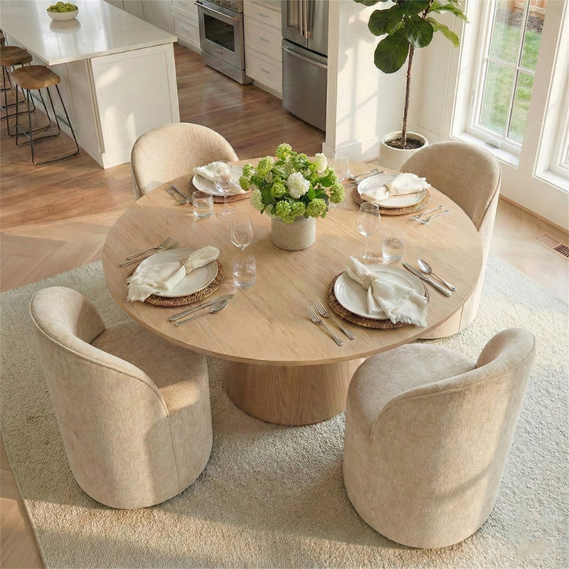4 - Person Dining Table Sets With 52'' Solid Round Table & 4 Upholstered Chenille Swivel Chairs, Yellow, Oatmeal