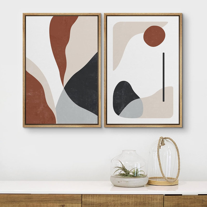 Reproduction de motifs abstraits et calmes sur toile Mid-Century, Cadre naturel flottant, H 36 po x l 48 po x P 1,5 po