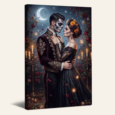 Sugar Skull Couple in Moonlit Rose Garden Halloween Canvas Wall Art