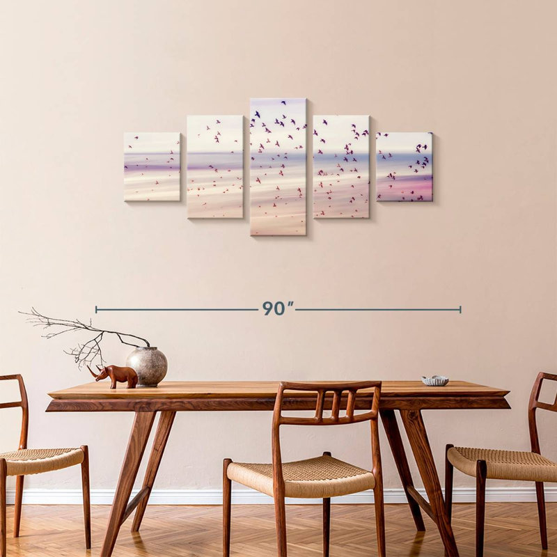 Oiseaux et ciel abstrait, H 34 po x l 74 po