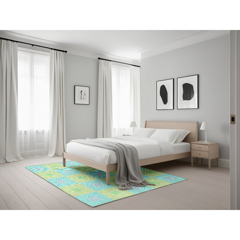 Tapis jaune / bleu géométrique en laine et polyester tissé à la machine, Rectangle 5 pi x 7 pi