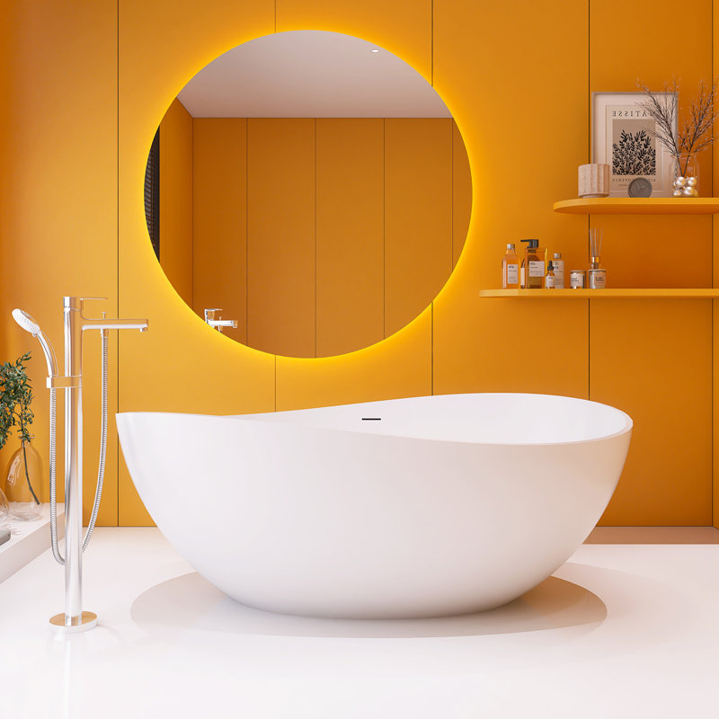 Baignoire de trempage autoportante à surface solide de 63 po avec trop-plein et bonde escamotable, Matte White