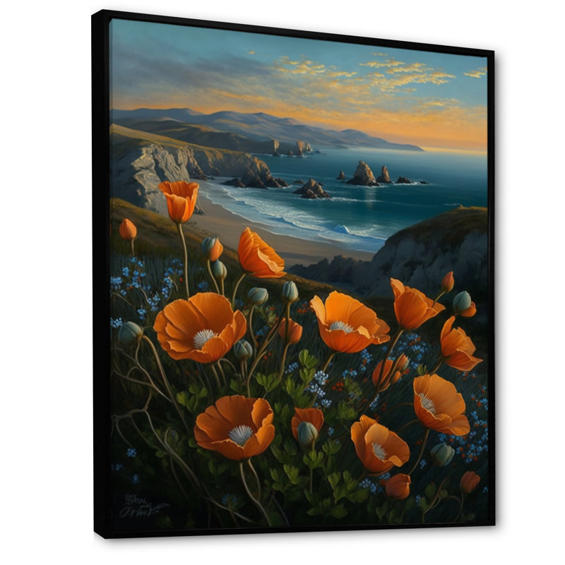 Fleurs orange par la côte I - reproduction sur toile, L 30 po x H 40 po, Toile avec cadre flottant noir