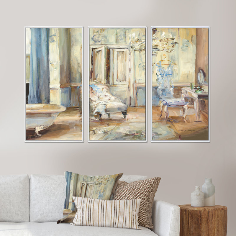 «French Boudoir Bath I», ensemble d'art mural sur toile encadré traditionnel, H 20 po x l 36 po, Blanc