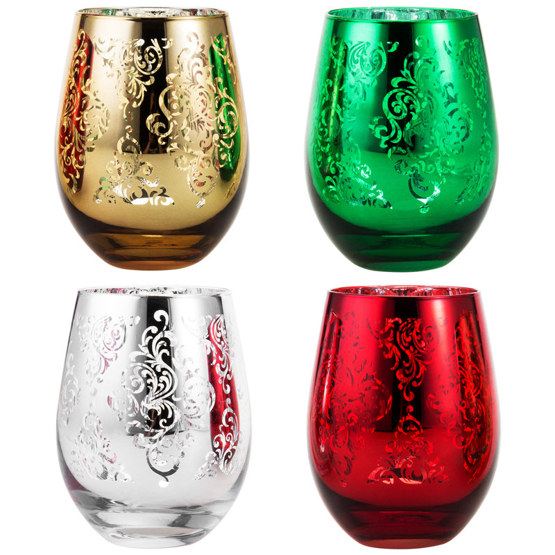 Festive Multicolor Stemless Wine Glass Set with Baroque Pattern, 16 oz Capacity