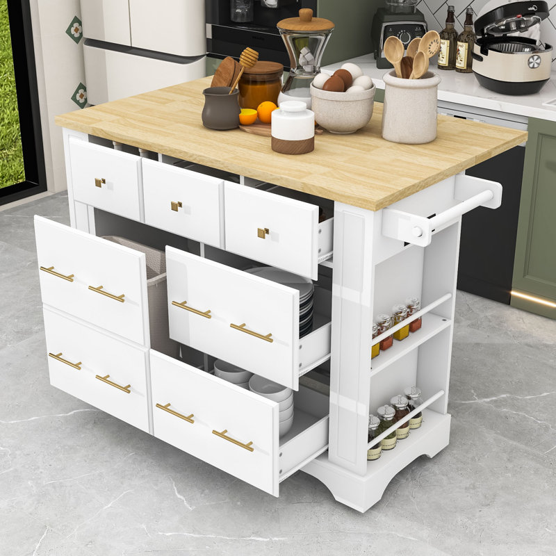 Chariot de cuisine en bois classique avec comptoir à abattants, rangement spacieux et station de charge intégrée, Blanc