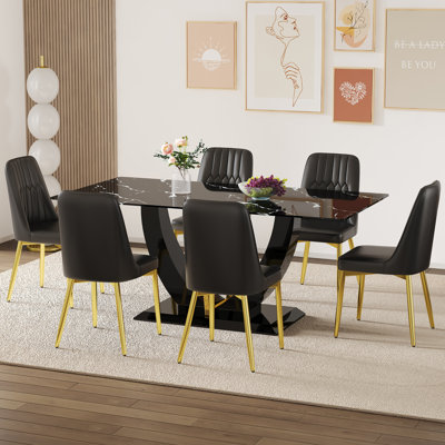 Black Marble Pattern Tempered Glass Dining Set With 6 Pu Chairs