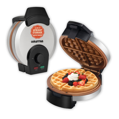 Gaufrier Gourmia avec contrôle de brunissement réglable, plaques antiadhésives sans PFAS et rangement vertical compact, acier inoxydable