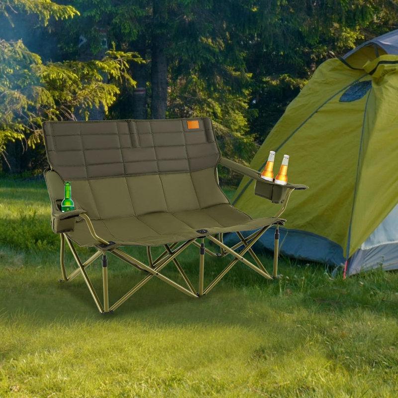 Double Camping Chair For Adults, Low Outdoor Folding Loveseat Couch Chair W/Cup Holders Thick Padding, Heavy-Duty 2 Person Lawn Chair For Beach Picnic Travel Supports 660 LBS(2-Person Seat)