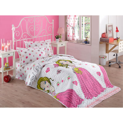Single Quilted Bedspread Set, White & Pink & Yellow & Fuchsia & Green, 63 x 87 | 65% Cotton / 35% Polyester Cover, 100% Fiber Filling, 120 Thread Count | Machine Washable, Envelope Pillowcase & Button Closure