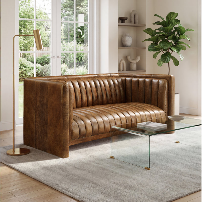 Broderic 65"W Full-Grain Leather Upholstered Channel Tufted Loveseat Sofa, Cognac