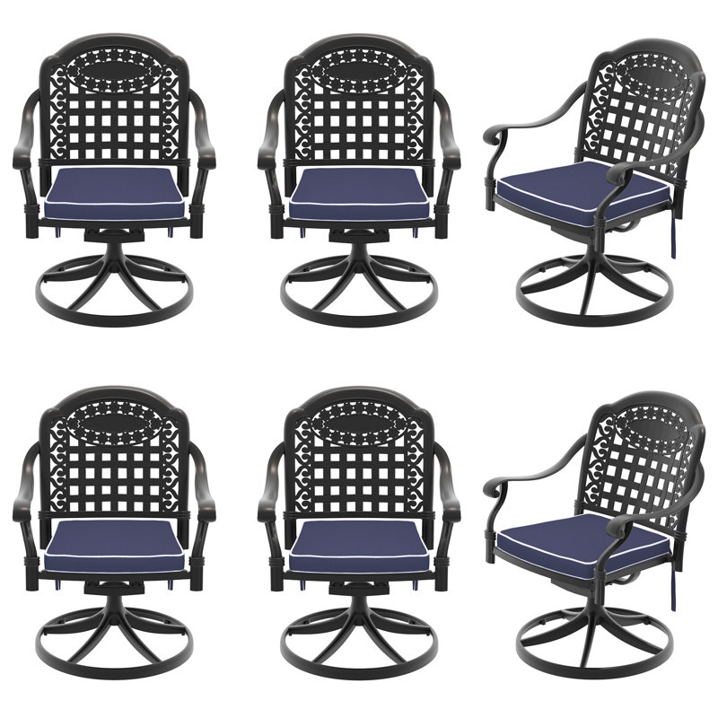 Chaise de patio pivotante en fonte d'aluminium 6 pièces avec structure noire et coussins bleus