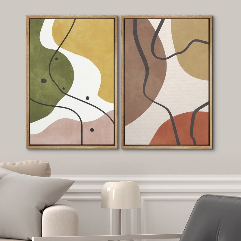 Mid-Century rétro, taches de couleur, art géométrique abstrait, art mural Relax Calm 2 pièces, H 36 po x l 24 po, Naturel