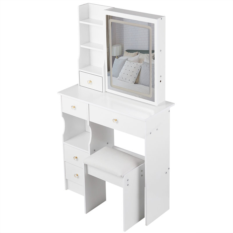 Petite coiffeuse 29,2 po avec tabouret de bureau à gauche et tabouret rembourré, grande commande tactile, interrupteur tricolore, miroir à luminosité réglable, rangement grande capacité