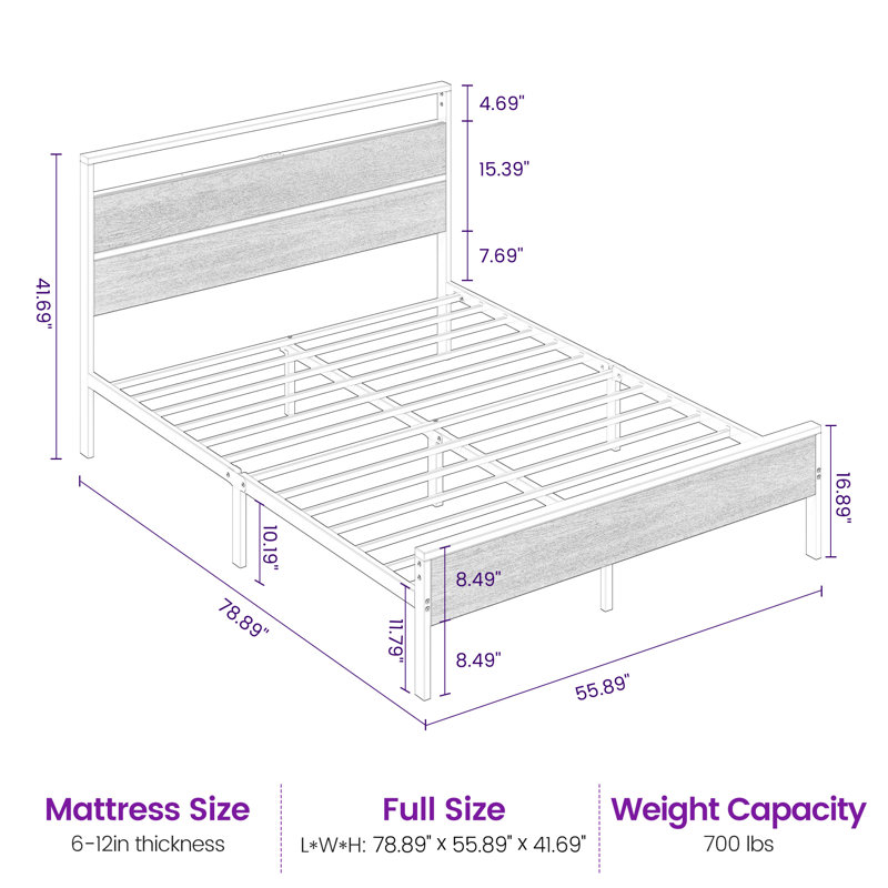 Bed Frame with Headboard, Metal Platform bed with LED Lights, Power Outlets & Under-Bed Storage, Full/Double