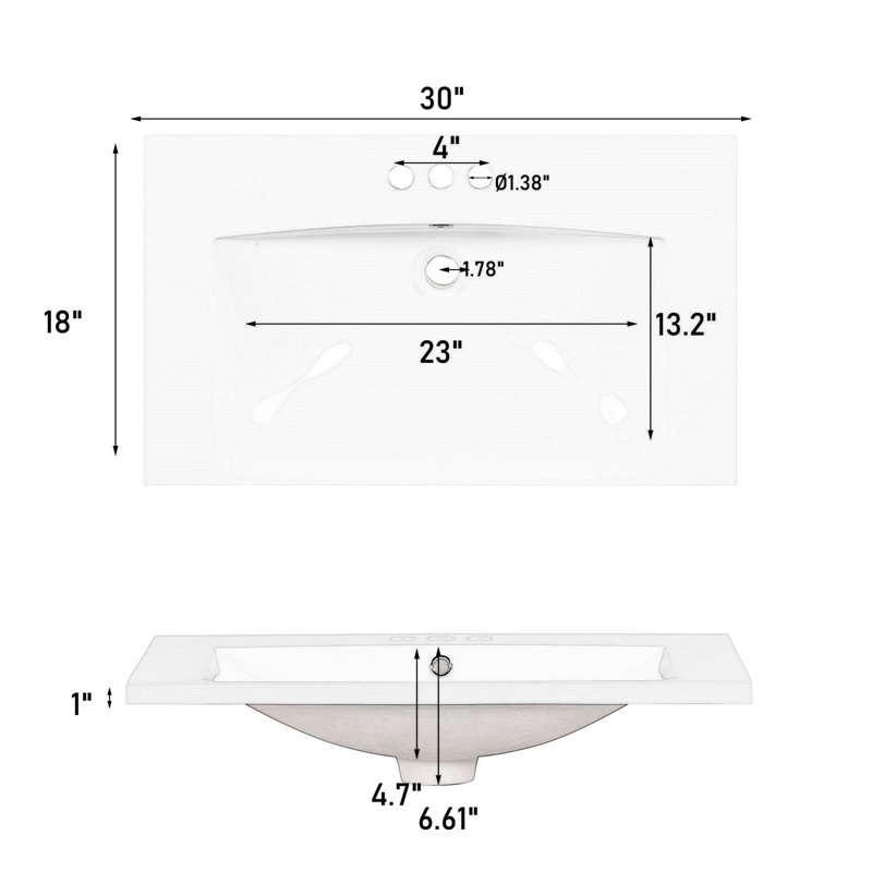 Comptoir de meuble-lavabo simple 30 po avec lavabo et trous de robinet central 4 po
