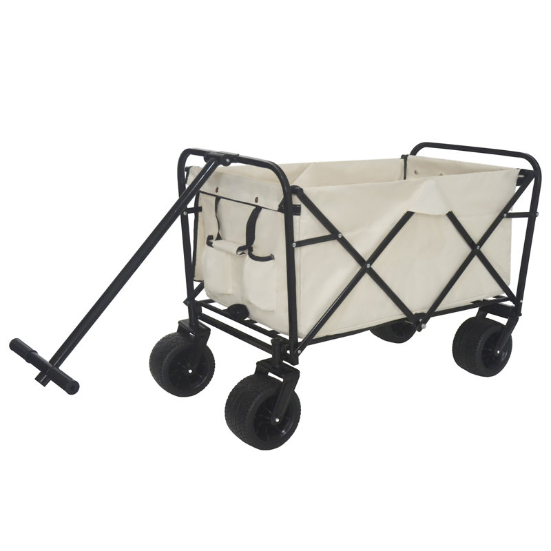 Chariot pliant robuste à roulettes à rotation arrière sur 360 ° - Chariot de jardin polyvalent avec roues tout-terrain, conçu pour le camping, la plage, le pique-nique et l'extérieur, beige