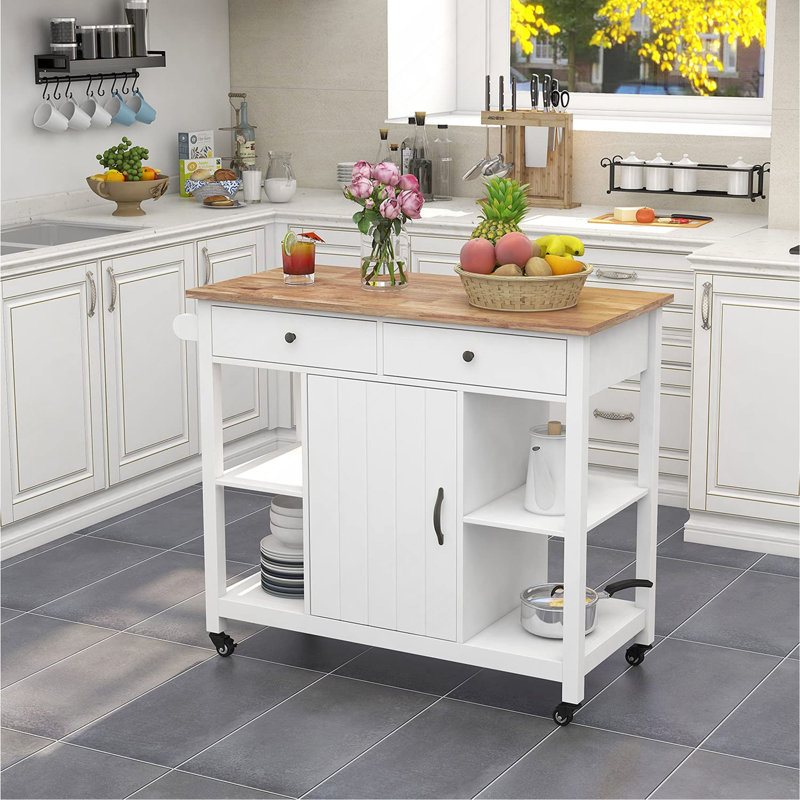 40" Kitchen Island Cart – Rubber Wood Top, Locking Wheels, Versatile Storage & Towel Rack, White
