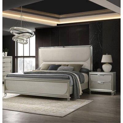 Glamorous Luxury Silver Fabric Upholstered Queen Size Bed W LED 2X Nightstands Embossed Panel 3Pc Set Bedroom Furniture