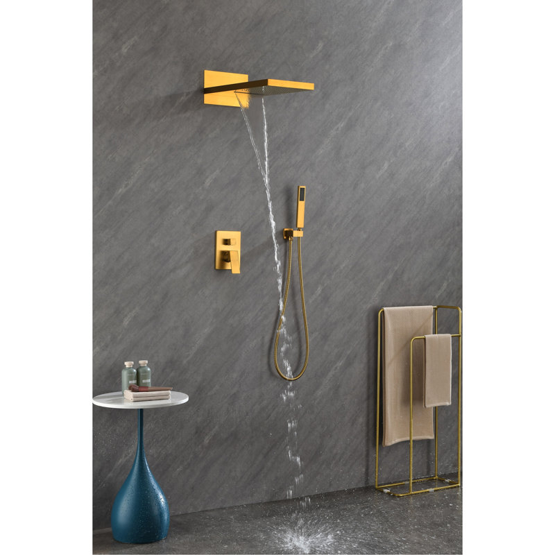 Douche de salle de bain avec tête de douche à pluie et poche - Accents rectangulaires en laiton doré