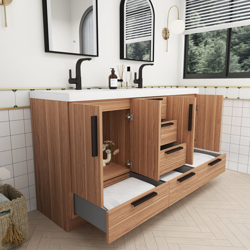 Carla 59.4 Inches Freestanding Bathroom Vanity With Double Sink, White Oak